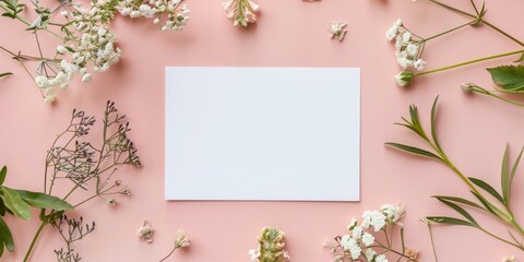Top view of blank paper wedding invitation card mockup with white card and flowers featuring ample copy space