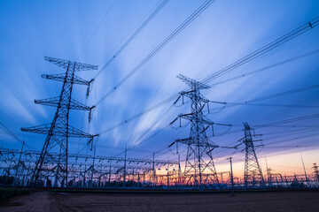 The pylons are in the evening, Substation in the evening, High voltage substation and beautiful...
