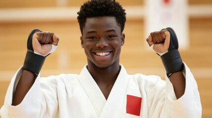 A smiling martial artist dresses in a white gi, celebrating a victorious moment with a confident gesture.