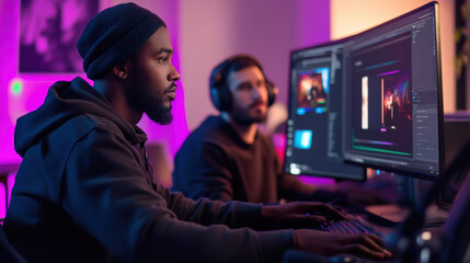 Focused men in a modern workspace seem deep in concentration, navigating dual screens with a backdrop of vibrant purple lighting.