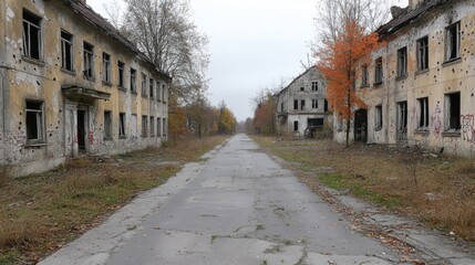 An abandoned and decaying street lined with bullet-riddled buildings, showing the desolation and abandonment of the area.