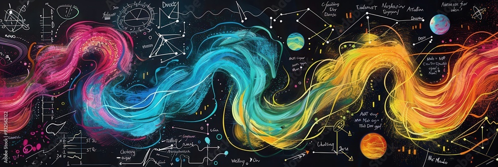 Fototapete a vibrant chalkboard background displays colorful waves of chalk strokes blended with scientific for