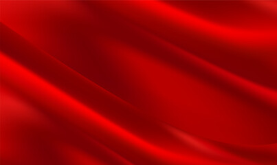 Elegant Red silk satin background. Beautiful soft folds. Shiny fabric luxury background. Curtain, drapery. Red luxury silk cloth or satin texture. Christmas, New Year, Valentine, Celebration. Vector.