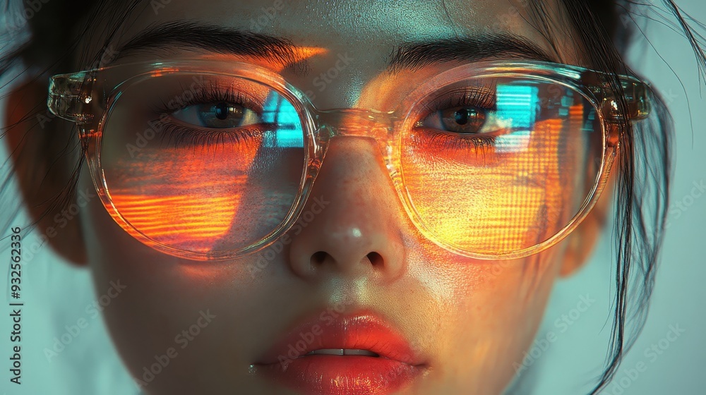 Wall mural Woman with Sunset Reflection in Glasses