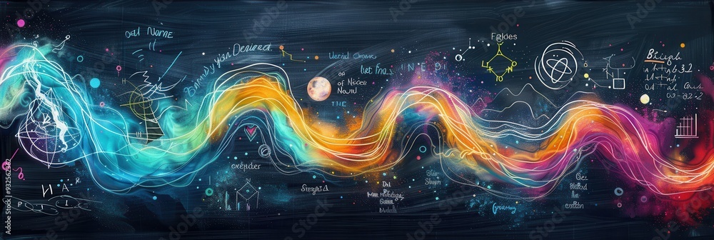 Fototapete a vibrant chalkboard displays sweeping colorful waves intertwined with scientific formulas and diagr