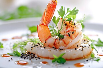 Close-up of Cooked Shrimp with Garnish and Sauce on White Plate