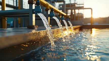 Professional-grade image of a water filtration system integrated into a city infrastructure, with clean water flowing and highlighting the technical details and quality of the installation