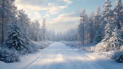 Obraz premium Serene Snow Covered Pine Forest Road in Picturesque Winter Wonderland
