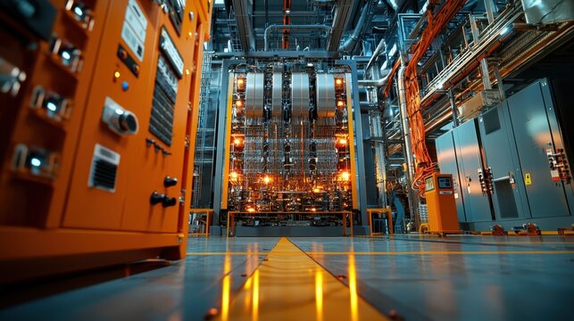 An expansive view of a large uranium nuclear facility with multiple reactors and a network of copper wires running through and connecting various parts of the complex. The scene emphasizes the scale