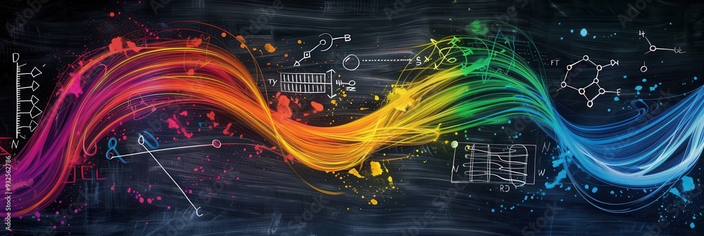 Poster a vibrant chalkboard displays sweeping waves of colorful chalk strokes, seamlessly blending scientif