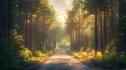 Obraz premium Scenic Road Trip Through Lush Pine Forest Evoking Freedom and Adventure