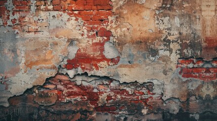 Obraz premium Empty Old Brick Wall Texture. Painted Distressed Wall Surface. Grungy Wide Brickwall. Grunge Red Stonewall Background. Shabby Building Facade With Damaged Plaster. Abstract Web Banner. Copy Space , ai