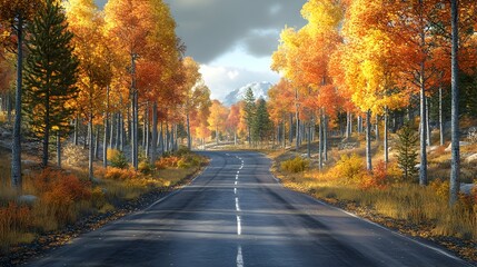 Obraz premium Scenic Autumn Drive Through Colorful Pine Forest Landscape