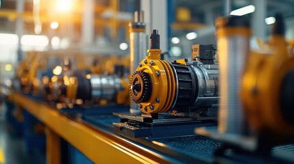 Fototapeta premium A detailed, industrial-themed banner showing a water pump assembly line in a manufacturing facility. The image captures multiple pumps being assembled with focus on their intricate components and