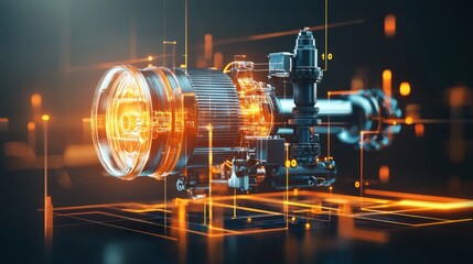 Banner with a sleek industrial design, showcasing a water pump in a 3D render against a dark gradient background. The pump is illuminated with sharp highlights to reveal its complex structure and