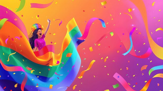 A woman in a pink shirt and a rainbow hat stands in front of a rainbow flag, her arm raised in the air with confetti falling around her. - Powered by Adobe