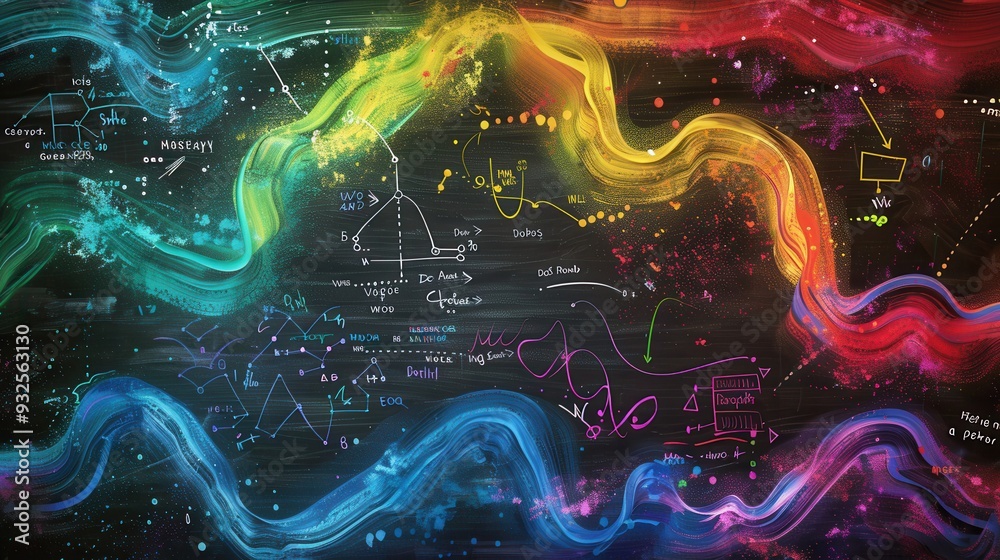 Poster A chalkboard filled with colorful waves of chalk strokes intertwined with scientific formulas and diagrams creating a dynamic and educational artwork. Generative AI