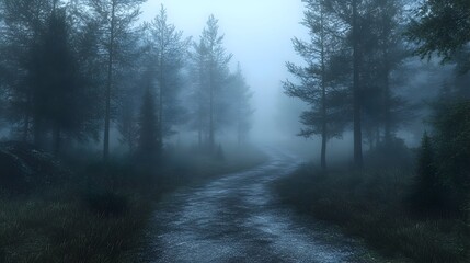 Obraz premium Foggy Forested Road Surrounded by Towering Pine Trees in Atmospheric Landscape