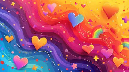 A colorful abstract background with hearts, rainbow, and wavy lines.