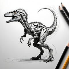 Fototapeta premium Artistic Sketch of a Velociraptor Crafted to Resemble a Pencil Shaving, Symbolizing the Intersection of Movement and Creative Imagination
