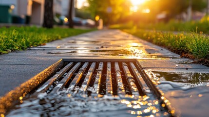 High-resolution close-up of a top-tier drainage solution in a residential area, featuring robust drainage pipes, finely crafted grates, and high-efficiency water routing systems