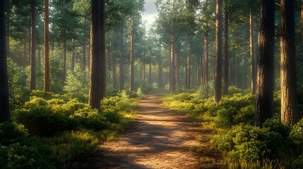 Obraz premium Inviting Pine Forest Pathway for Peaceful Stroll in Serene Natural Landscape