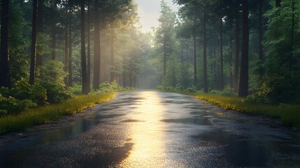 Fototapeta premium Tranquil Pine Forest Road After Rain Rejuvenating and Peaceful Nature Landscape