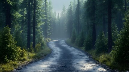 Obraz premium Dramatic 3D Rendered Road Through Towering Pine Forest Landscape