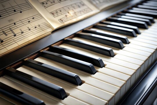 Close-up of piano keys with open sheet music in background