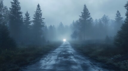Obraz premium Misty Woodland Road at Night with Piercing Headlights Ethereal and Mysterious Landscape
