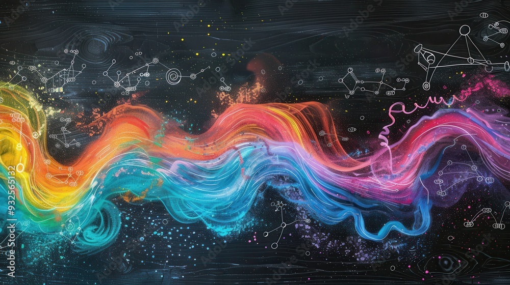 Fototapete colorful chalk strokes swirl across a chalkboard, blending artistic waves with scientific diagrams a