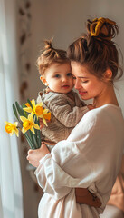 Naklejka premium A Mother Holding Her Baby and Yellow Daffodils