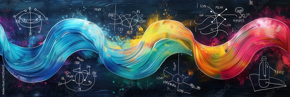 Fototapete a colorful chalkboard showcases vibrant waves of chalk interspersed with scientific formulas and dia