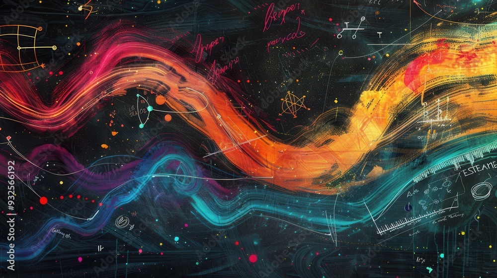 Fototapete a vibrant chalkboard features sweeping waves of color blending with subtle scientific diagrams and f