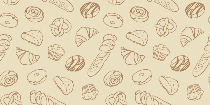 Pastry pattern, seamless background with hand drawn bakery products.