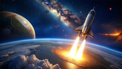 Obraz premium A lone spaceship orbits the Earth, its gleaming hull reflecting the starlight against the vast expanse of the cosmos