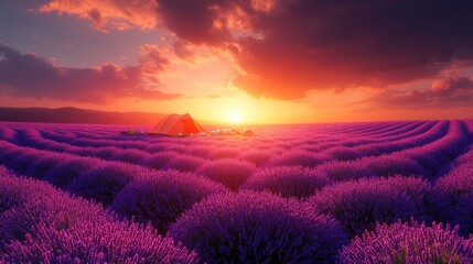 Sunset Over a Lavender Field with a Tent