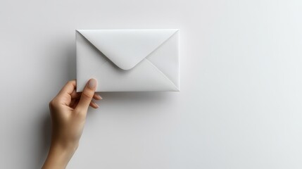 Top View of a Hand Holding an Envelope on a White Background – Web Banner for Communication and Message Conveying Concepts with Copy Space

