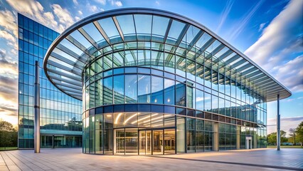 Modern glass building with a curved steel frame creating an abstract background
