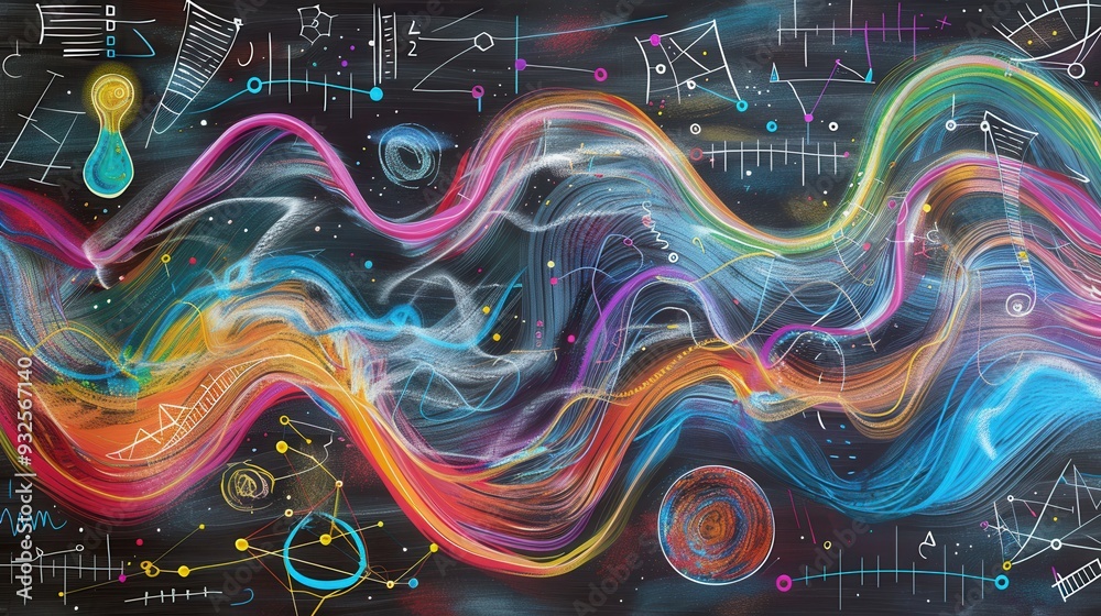 Fototapete a vibrant chalkboard features colorful waves and integrated scientific formulas, creating an engagin