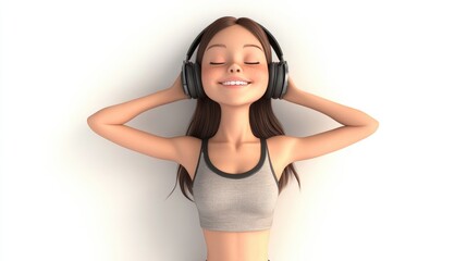 Naklejka premium 3D Cartoon of a Happy Girl in a Tank Top Enjoying Music with Headphones on a White Background