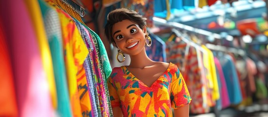 Fototapeta premium 3D Cartoon of a Joyful Young Woman Shopping for Clothes in a Colorful Marketplace