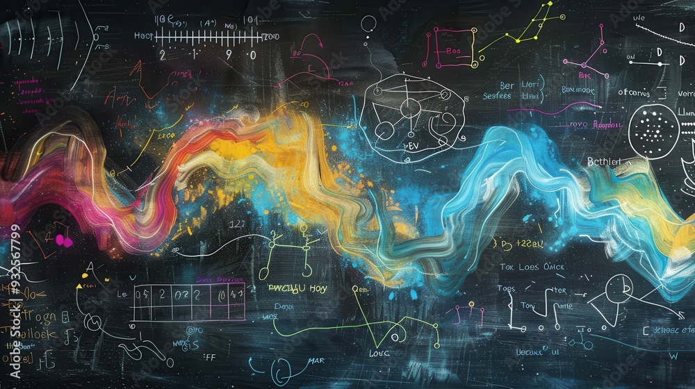 Fototapete Vivid chalk strokes create a swirling design on a chalkboard, seamlessly integrating scientific diagrams and formulas into the artwork. Generative AI