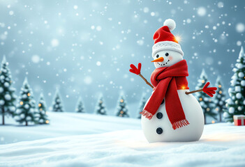 Obraz premium snowman in winter landscape for christmas and happy new year greeting card with copy space, web banner and social media