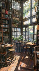 The vibrant cafe showcases wooden tables and chairs surrounded by bookshelves and sunlight filtering through large windows