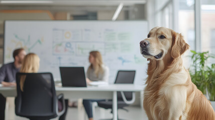 Golden retriever brainstorming in a modern office with a team of marketers, the dog pointing to a whiteboard filled with innovative ideas and diagrams, collaborative environment