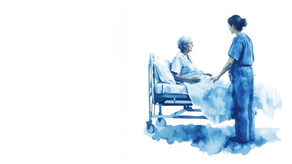 Blue watercolor painting of a nurse taking care patient on bed