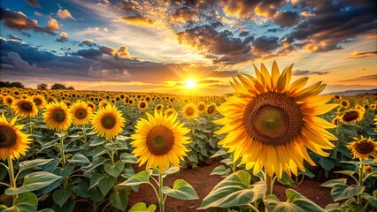 Fototapeta premium A beautiful sunlit sunflower field at sunset with golden petals in full bloom