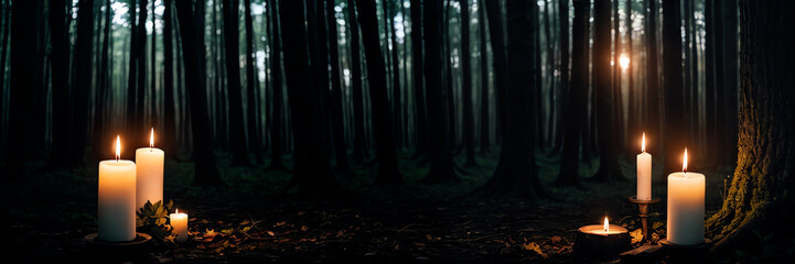 panorama photo for Halloween banner or web header of mysterious forest and candles