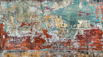 Empty Old Brick Wall Texture. Painted Distressed Wall Surface. Grungy Wide Brickwall. Grunge Red Stonewall Background. Shabby Building Facade With Damaged Plaster. Abstract Web Banner. Copy Space , ai